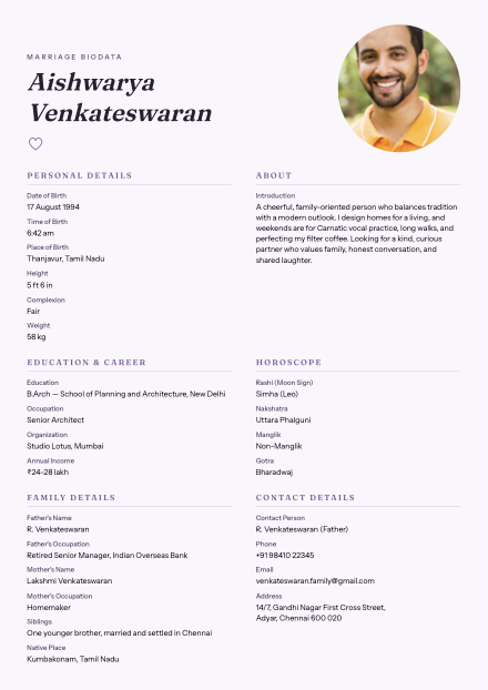 Lavender Whisper biodata design preview